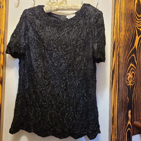 Black beaded Blouse, candlelight & champagne, size 14w - Picture 1 of 8